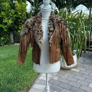 Brown Suede Fringe Jacket with Faux Fur Collar